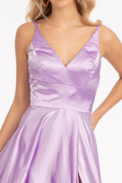 V-Neck Spaghetti Strap A-Line Satin Long Dress-3