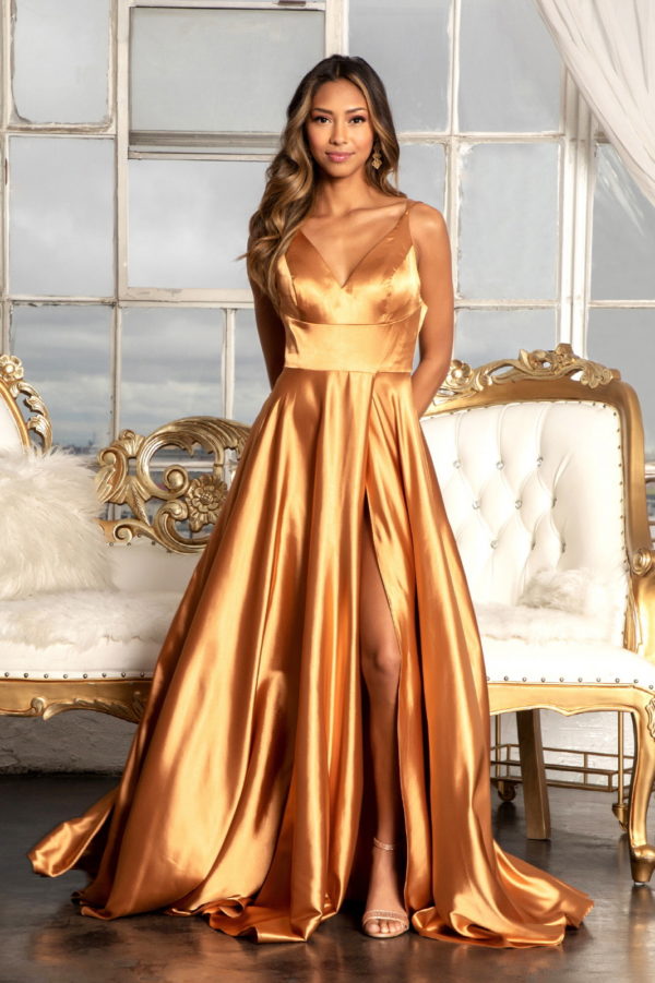 V-Neck Spaghetti Strap A-Line Satin Long Dress-13
