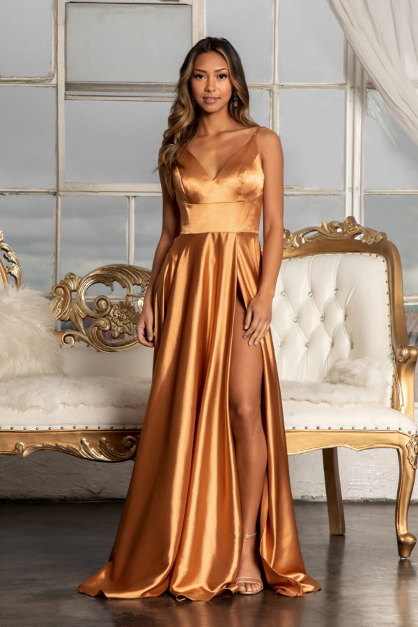V-Neck Spaghetti Strap A-Line Satin Long Dress-14