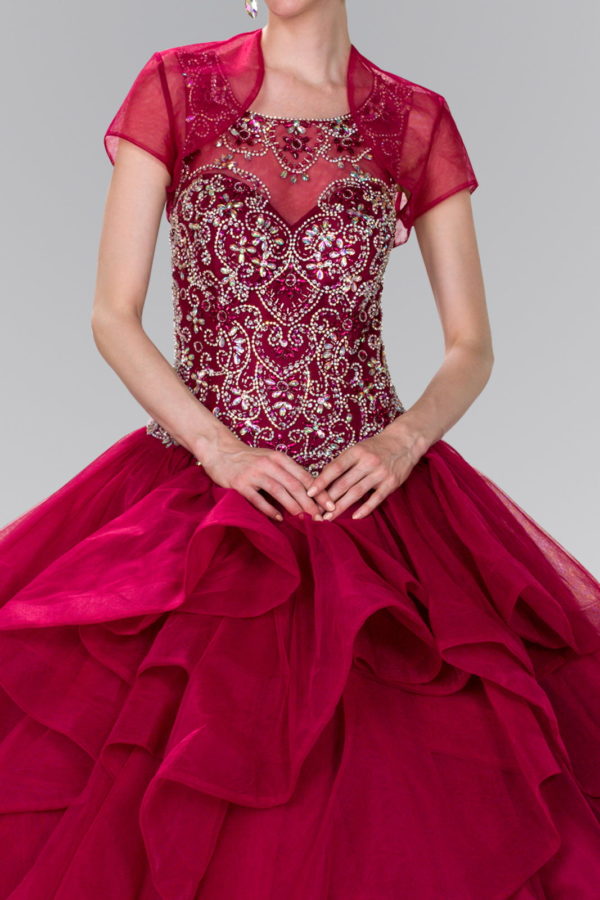 Full Beaded Bodice Illusion Sweethearted Ball Gown /w Bolero-10