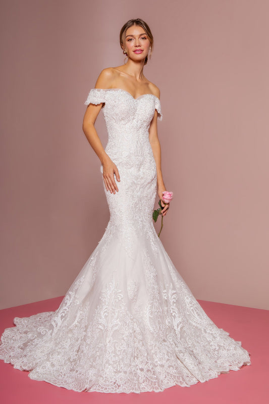 Cut-Away Shoulder Embroidered Mesh Mermaid Wedding Dress GLGL2594-0