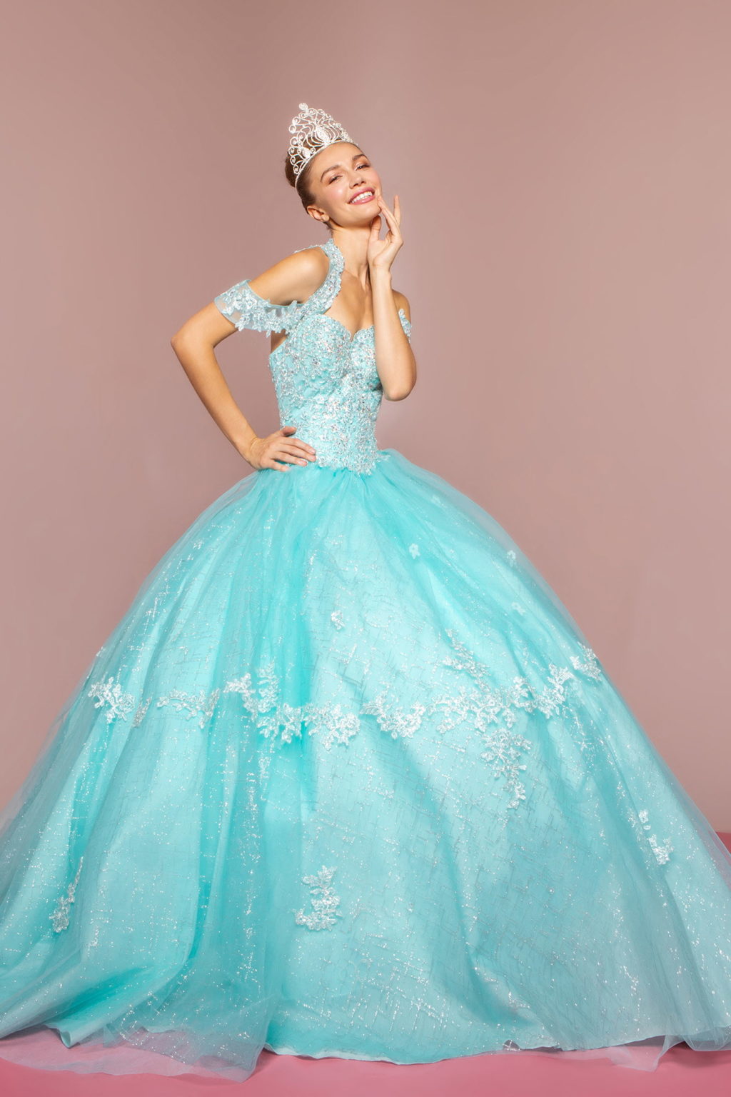 Embroidered Bodice Glitter Mesh Quinceanera Dress-0