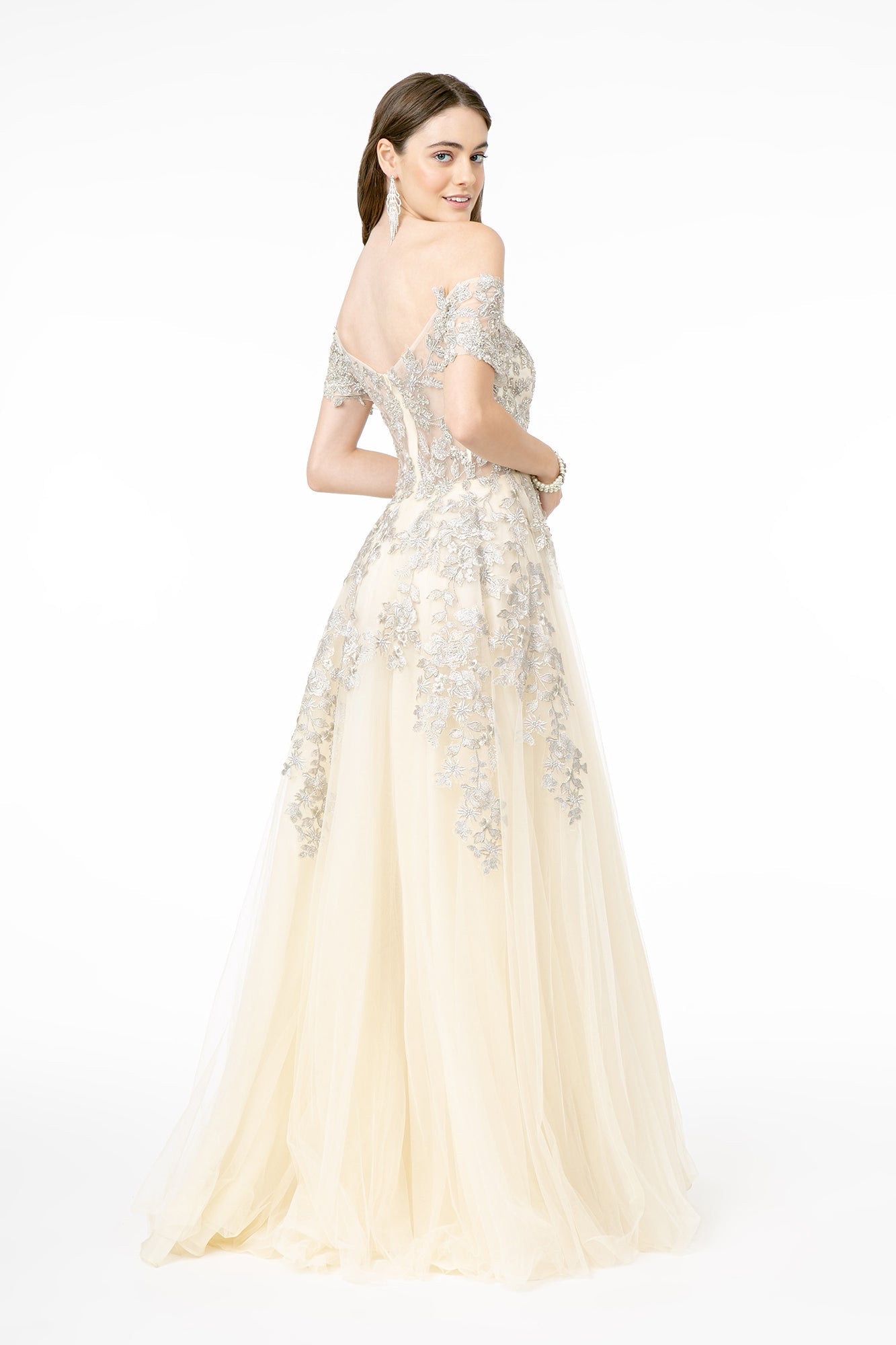 Embroidered Mesh A-Line w/ V-Back Long Prom Dress GLGL2885-1