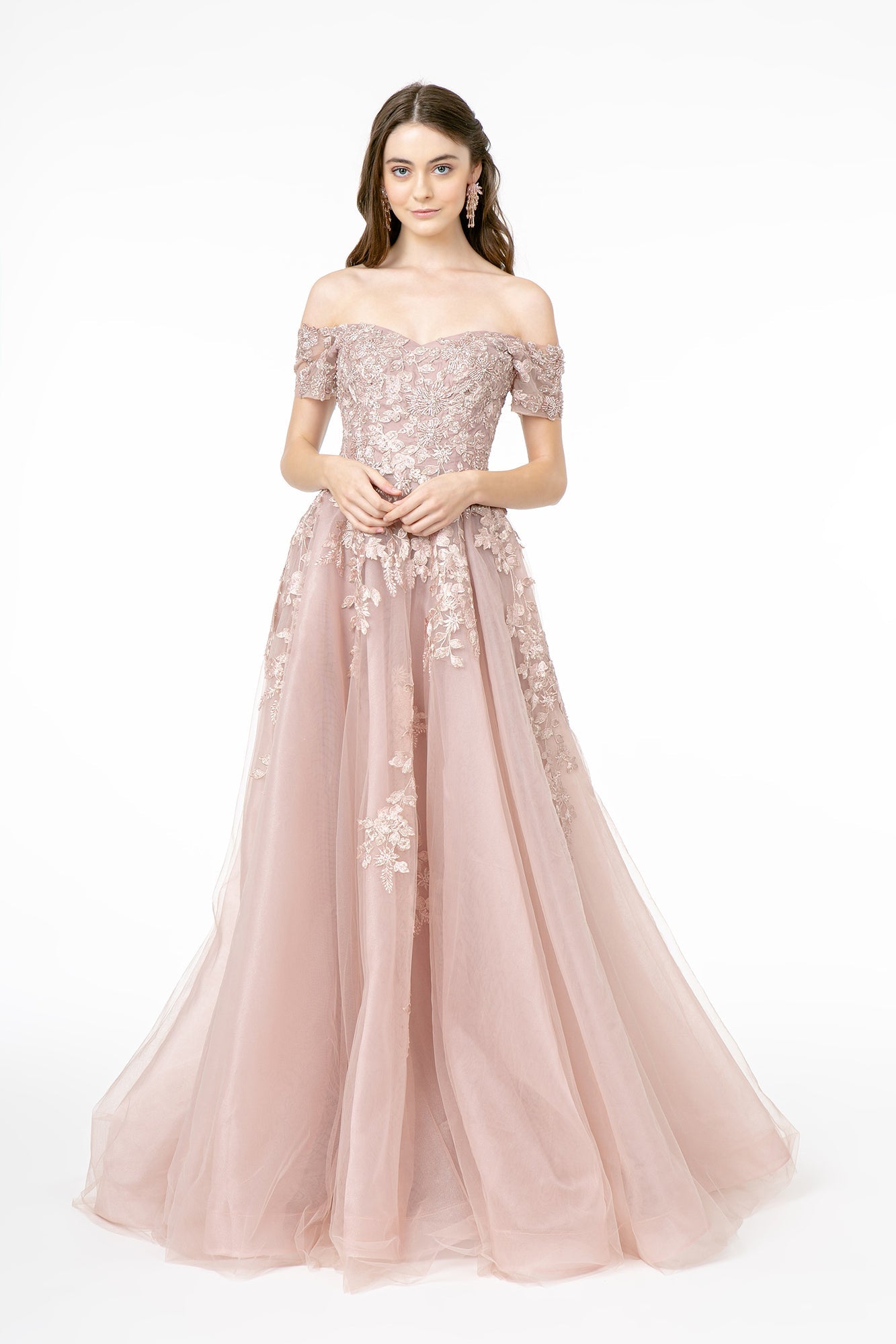 Embroidered Mesh A-Line w/ V-Back Long Prom Dress GLGL2885-4