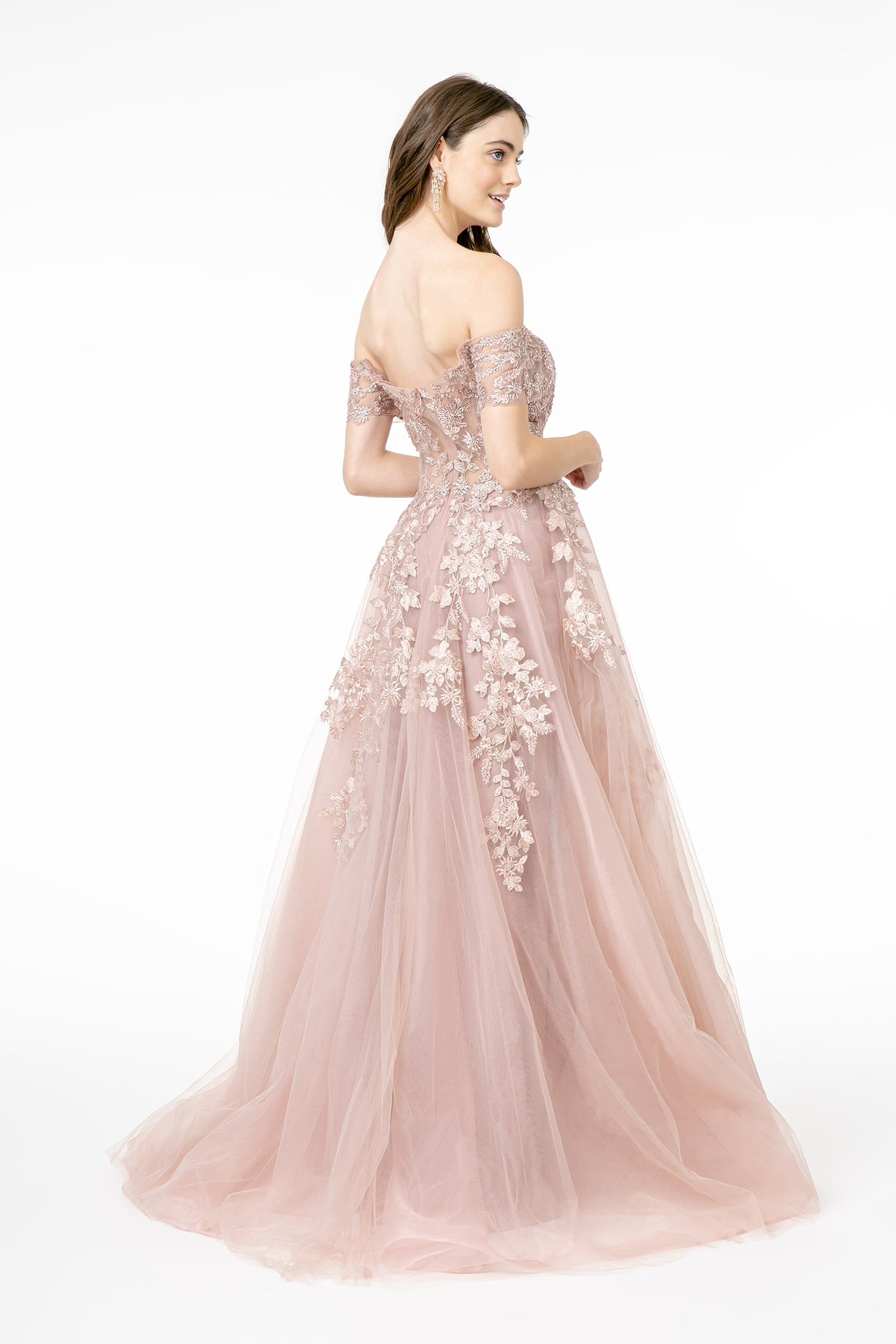 Embroidered Mesh A-Line w/ V-Back Long Prom Dress GLGL2885-5