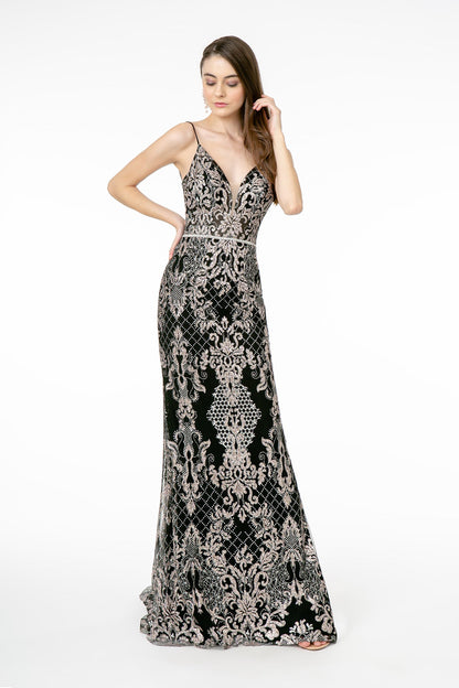 Jeweled Waist Band Accented Glitter Mesh Long Prom Dress GLGL2990-0