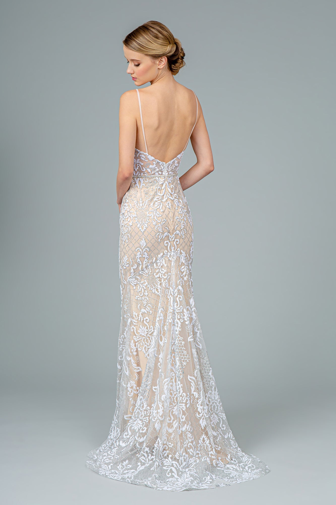 Jeweled Waist Band Accented Glitter Mesh Long Prom Dress GLGL2990-5