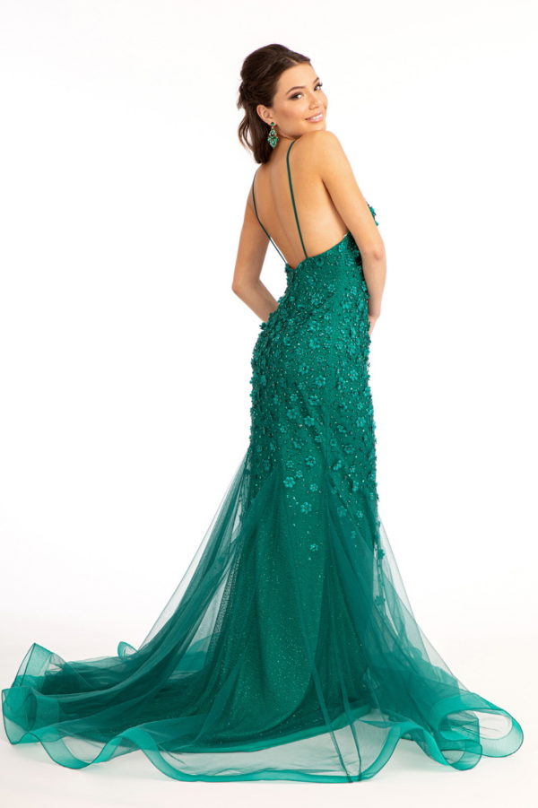 3D Floral Applique V-Neck Spaghetti Strap Mesh Prom Dress-5