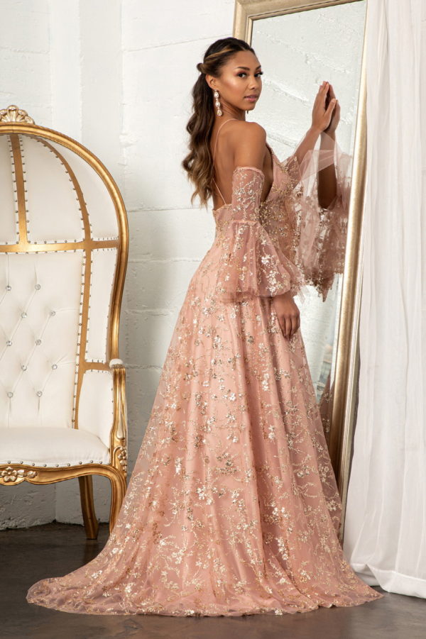 Sheer Waistline V-Neck Glitter Mesh Prom Dress w/ Detachable Mesh Sleeve-5
