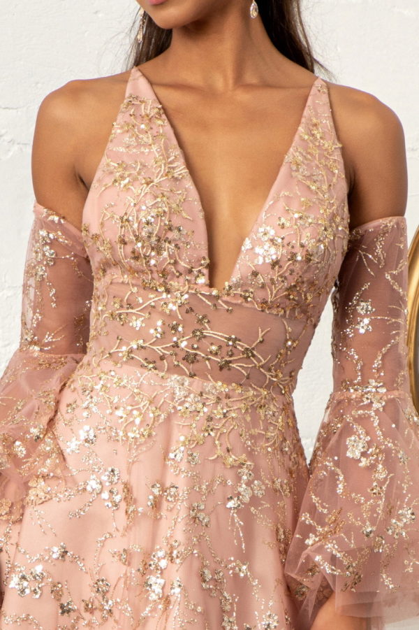 Sheer Waistline V-Neck Glitter Mesh Prom Dress w/ Detachable Mesh Sleeve-6