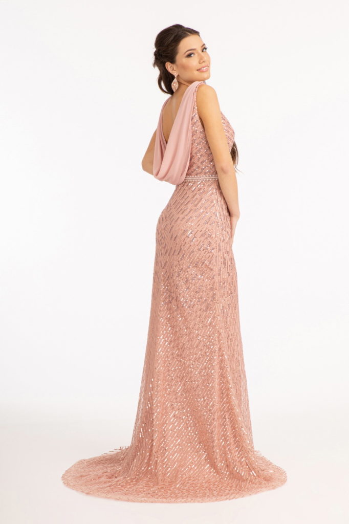 Embroidered Sequin Embellished Mesh Mermaid Dress w/ Chiffon Drape Cape-9