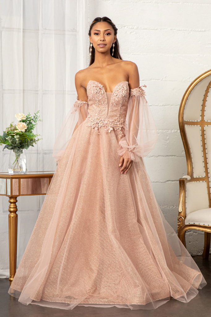 3-D Flower Embellished Glitter Netting A-line Dress w/ Detached Long Sleeves-6
