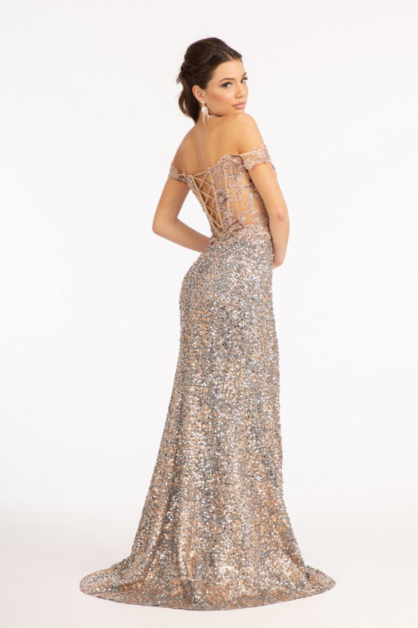 Sheer Bodice Cut-Away Shoulder Lace-Up Back Sequin Prom Dress w/ Leg Slit-9