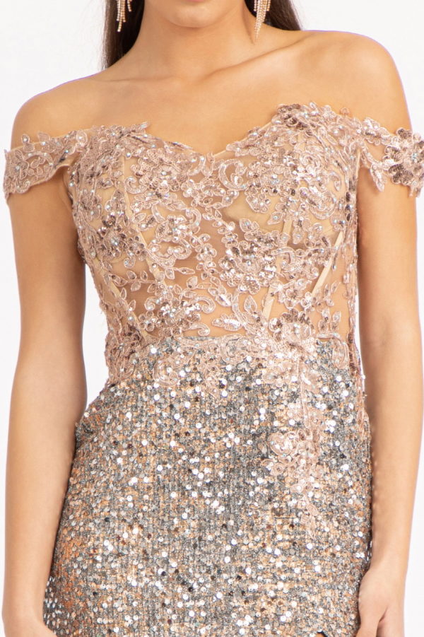 Sheer Bodice Cut-Away Shoulder Lace-Up Back Sequin Prom Dress w/ Leg Slit-10