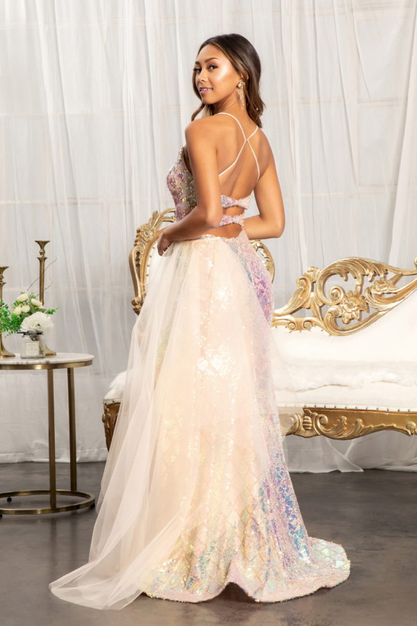 Full Iridescent Sequin Cut-Out Back Prom Dress w/ Detachable Mesh Layer-1