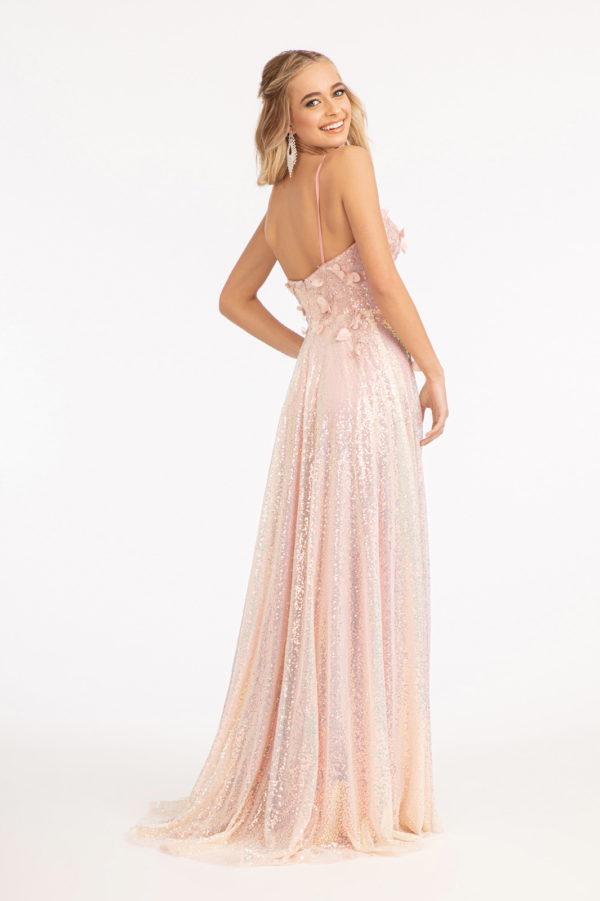Full Iridescent Sequin V-Neck A-Line Prom Dress /w Leg Slit-6