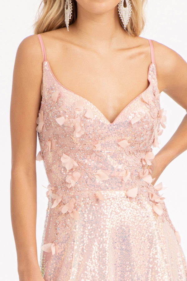 Full Iridescent Sequin V-Neck A-Line Prom Dress /w Leg Slit-7