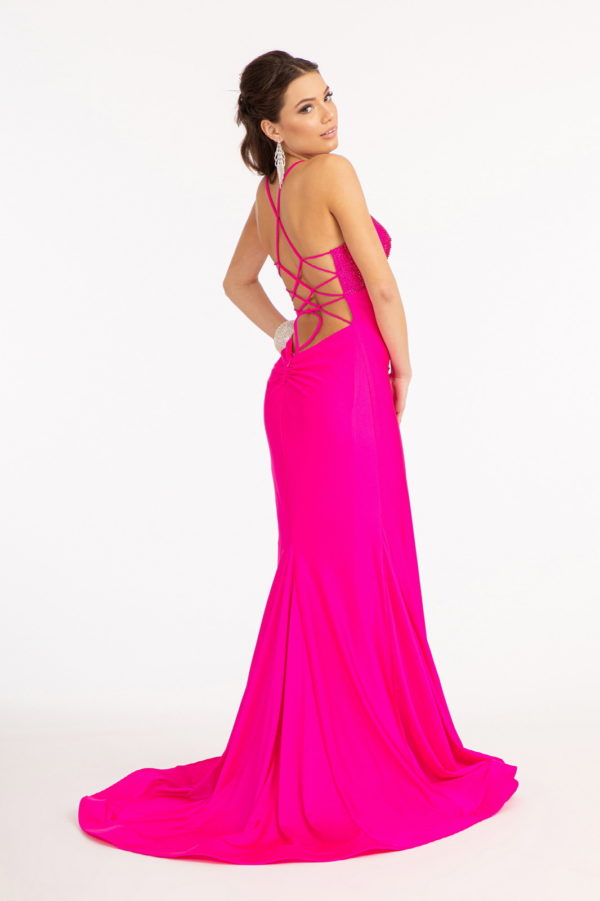 Beads Embellished Jersey Mermaid Dress w/ Strap Lace-up Back-5