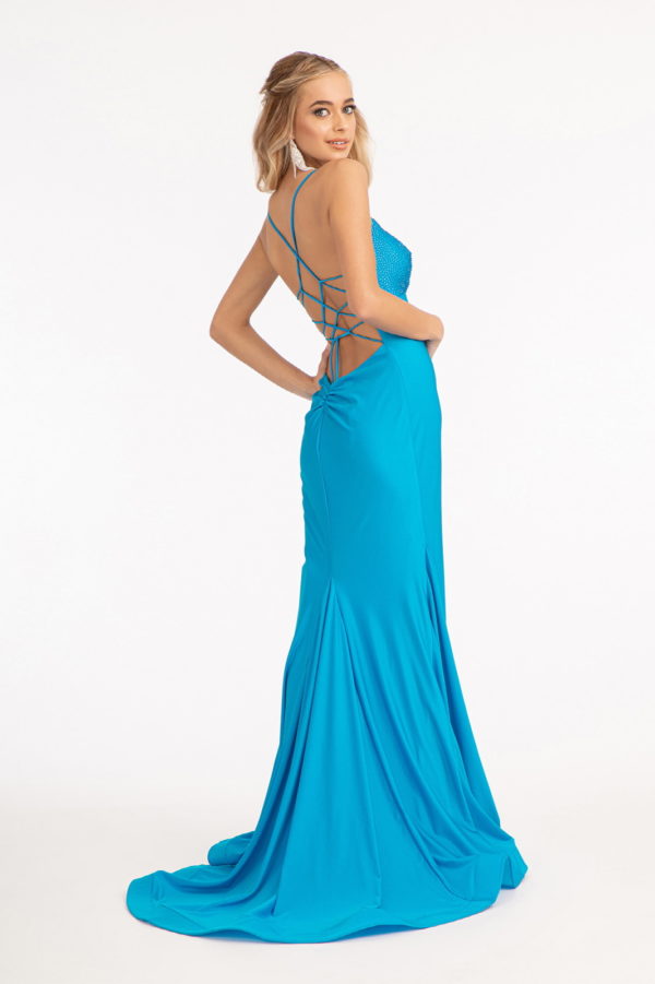 Beads Embellished Jersey Mermaid Dress w/ Strap Lace-up Back-8