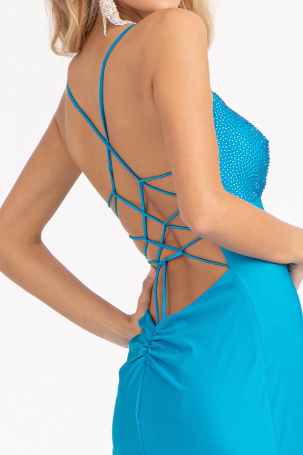 Beads Embellished Jersey Mermaid Dress w/ Strap Lace-up Back-10