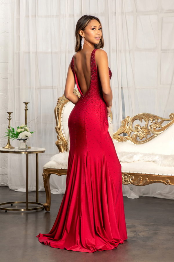 Beads Embellished Jersey Mermaid Dress w/ Open Back and Sheer Sides-5