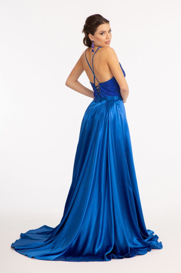 Full Rhinestone Bodice Lace-Up Back Satin Prom Dress w/ Waistband-5
