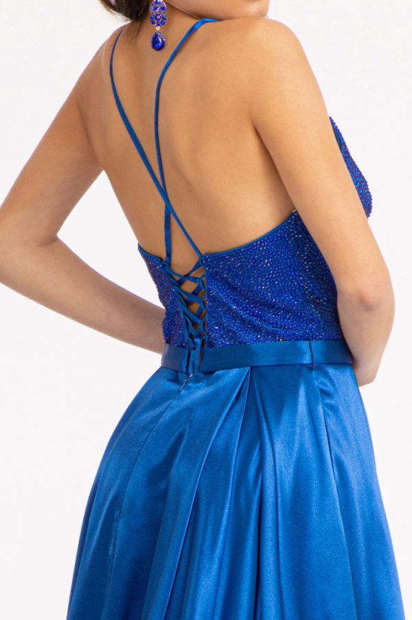 Full Rhinestone Bodice Lace-Up Back Satin Prom Dress w/ Waistband-7
