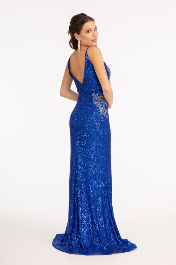 Sequin Embellished Illusion V-neck Mermaid Dress w/ Open V-back-9