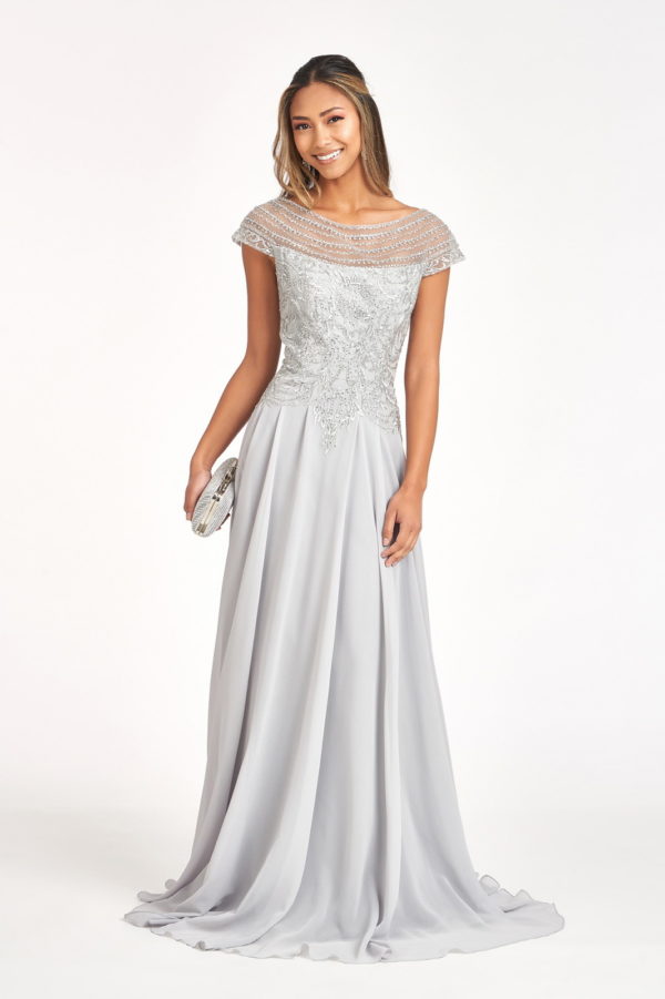 Beads Embellished Chiffon A-line Dress w/ Cap Sleeves-12