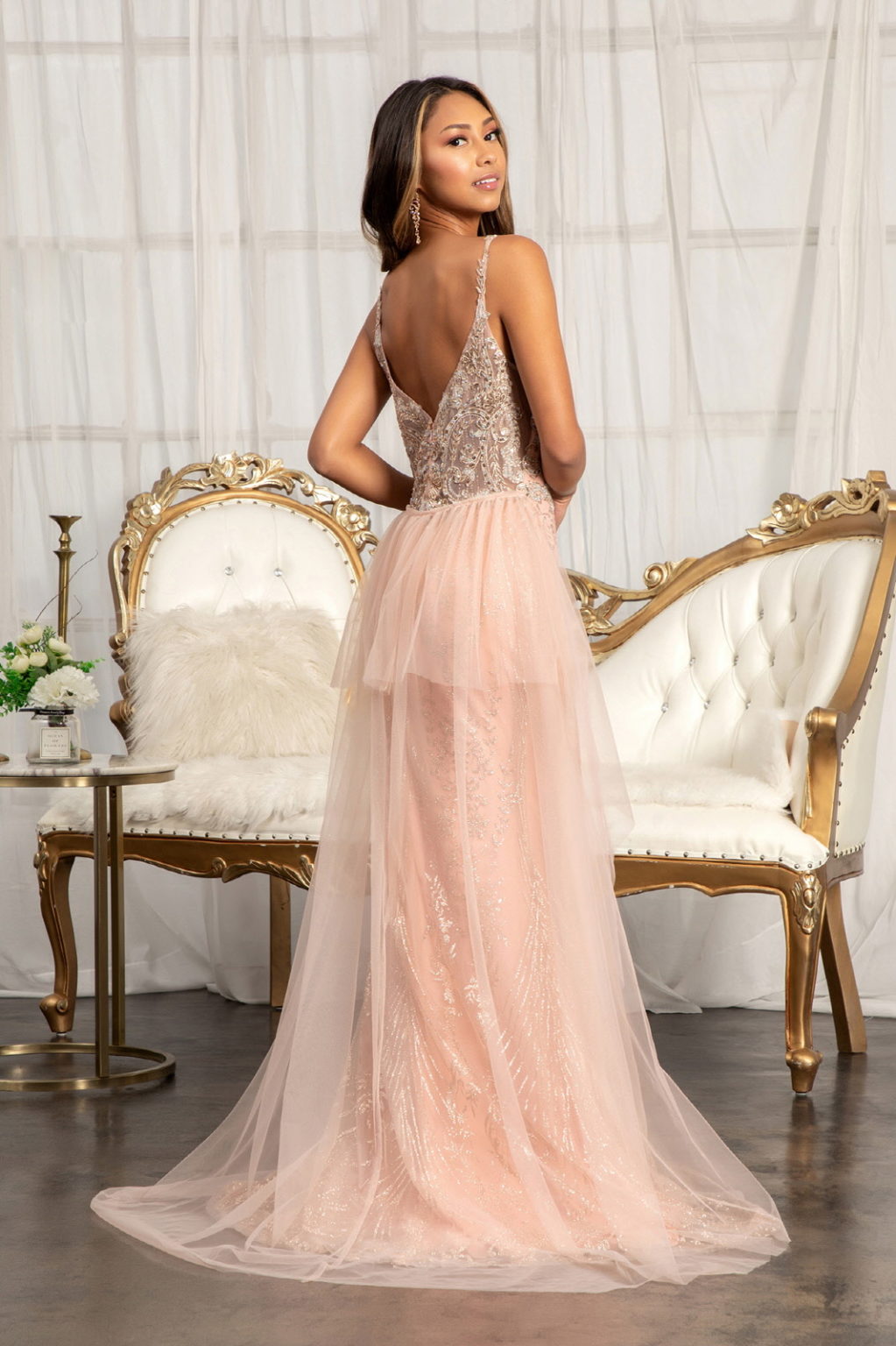 Beads Embellished Mesh Mermaid Dress w/ Detached Mesh Layer on Waist-13