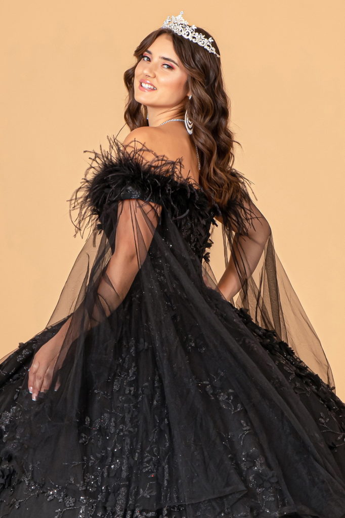 Mesh Quinceanera Dress w/ Side Mesh Drape and Detachable Feather Embellishment-6