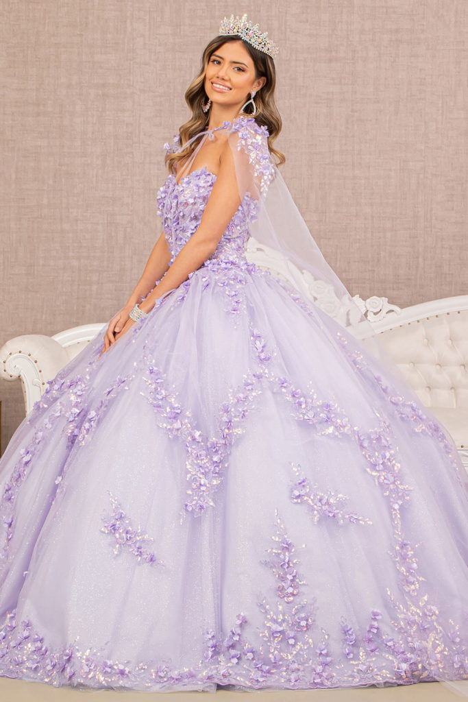 3-D Flower Applique Glitter Quinceanera Gown w/ Mesh Cape-5