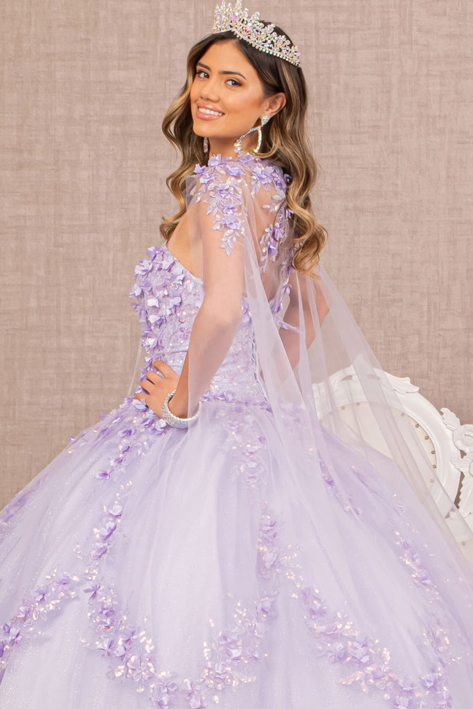 3-D Flower Applique Glitter Quinceanera Gown w/ Mesh Cape-8