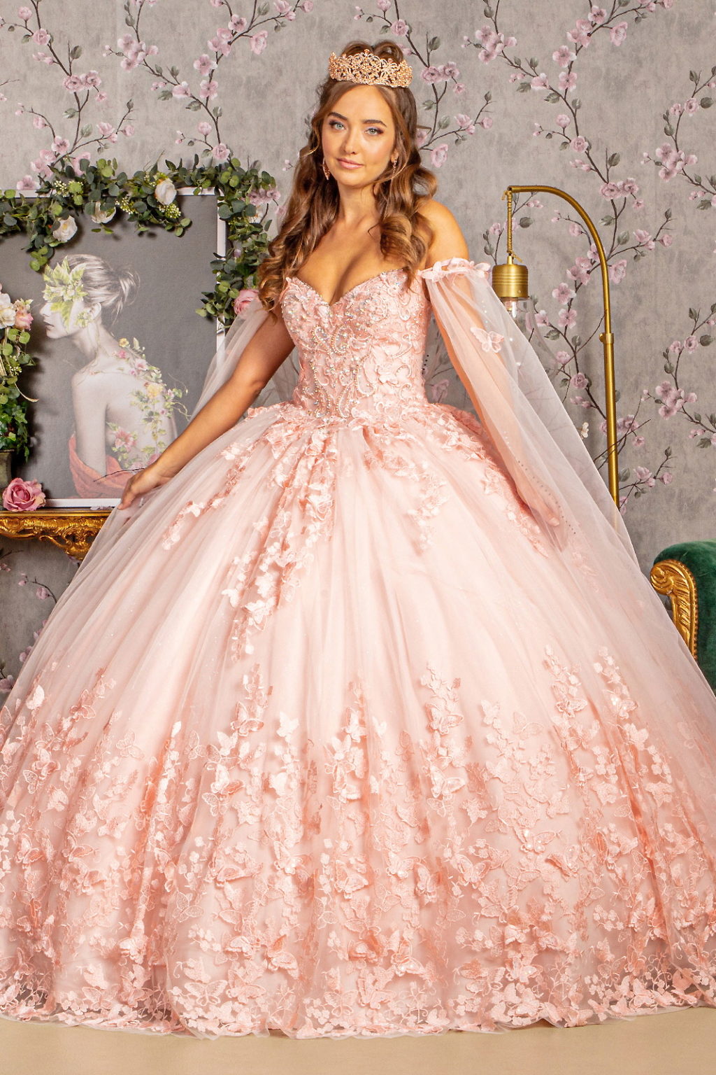 3-D Butterfly Applique Glitter Quinceanera Gown w/ Long Mesh Layer-0