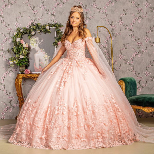 3-D Butterfly Applique Glitter Quinceanera Gown w/ Long Mesh Layer-2