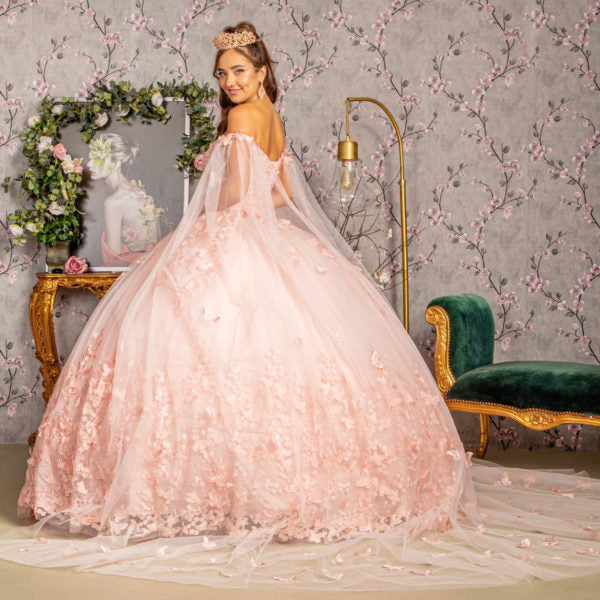 3-D Butterfly Applique Glitter Quinceanera Gown w/ Long Mesh Layer-3