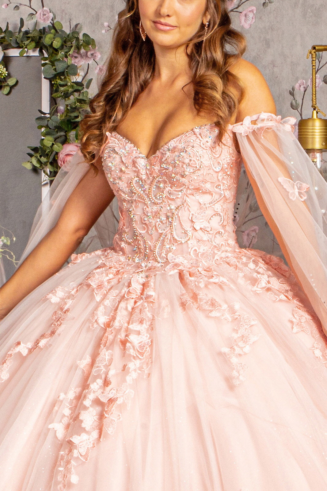 3-D Butterfly Applique Glitter Quinceanera Gown w/ Long Mesh Layer-4