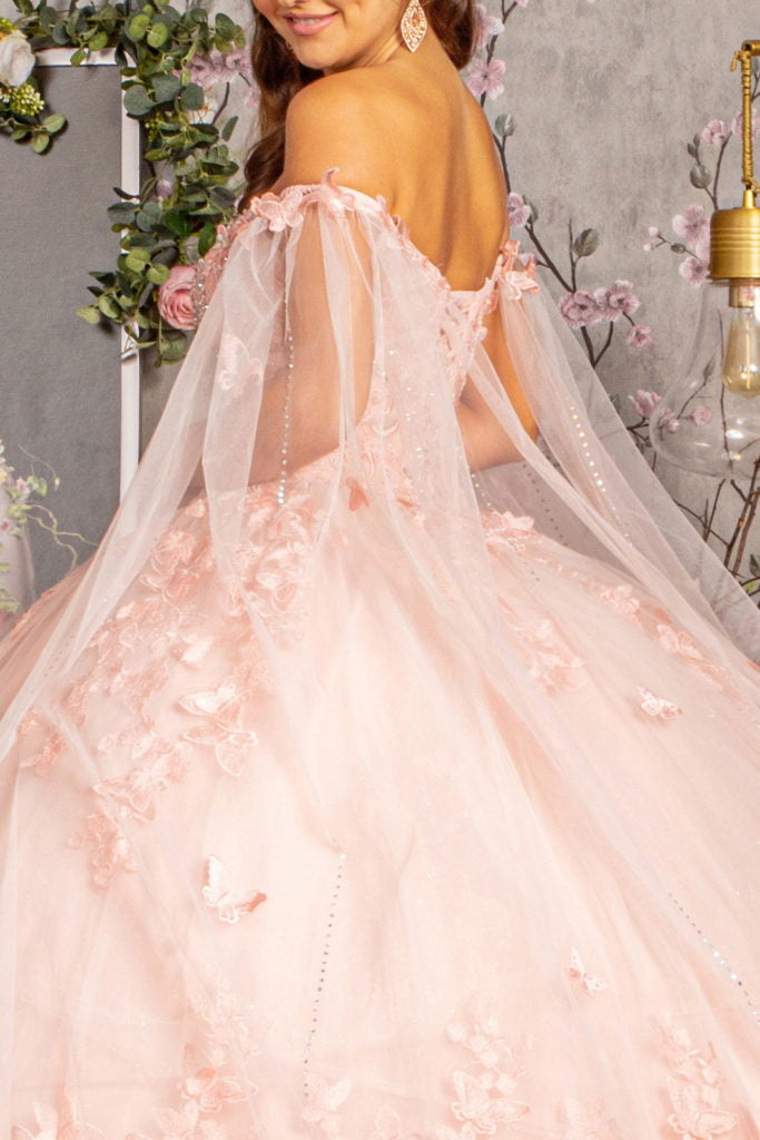 3-D Butterfly Applique Glitter Quinceanera Gown w/ Long Mesh Layer-5
