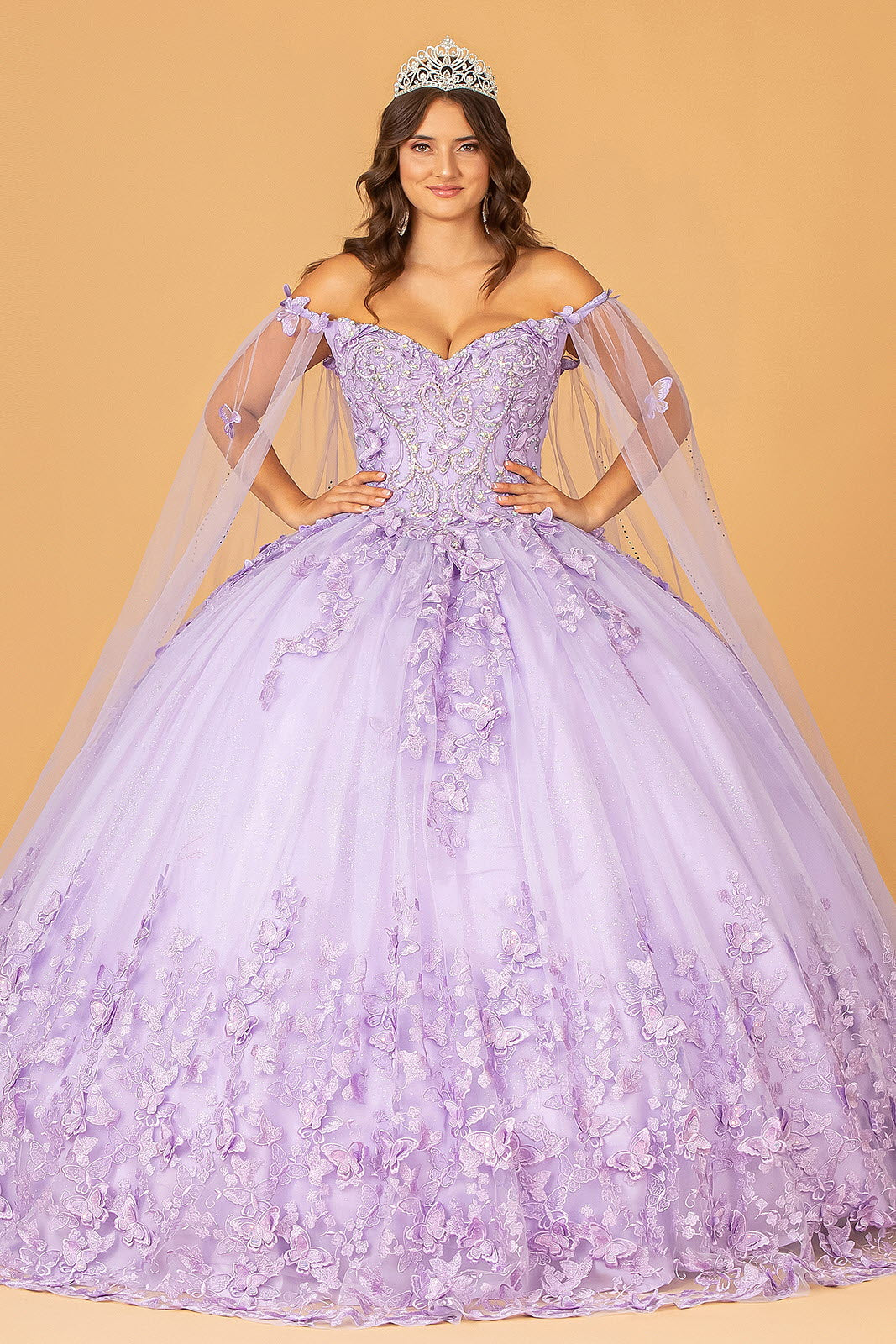 3-D Butterfly Applique Glitter Quinceanera Gown w/ Long Mesh Layer-6