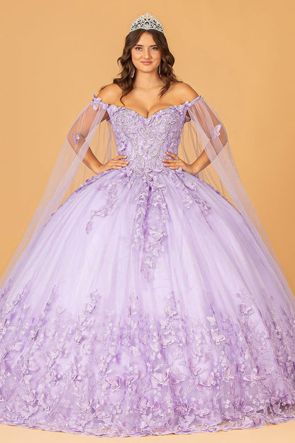 3-D Butterfly Applique Glitter Quinceanera Gown w/ Long Mesh Layer-6