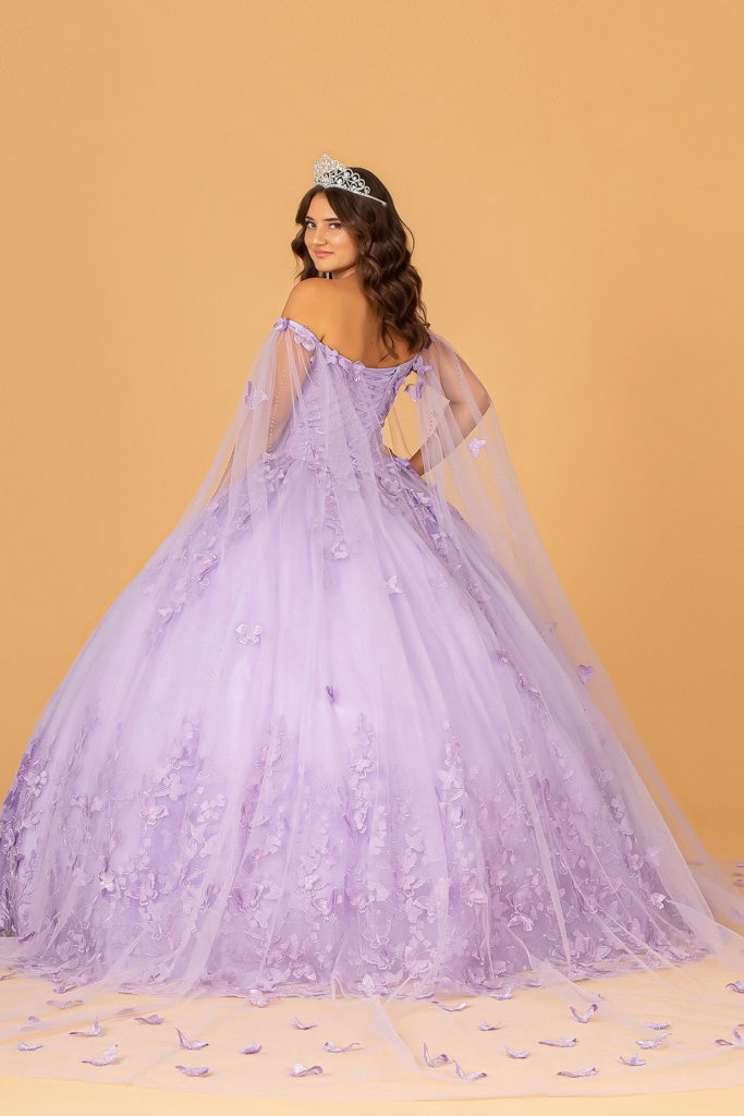 3-D Butterfly Applique Glitter Quinceanera Gown w/ Long Mesh Layer-7
