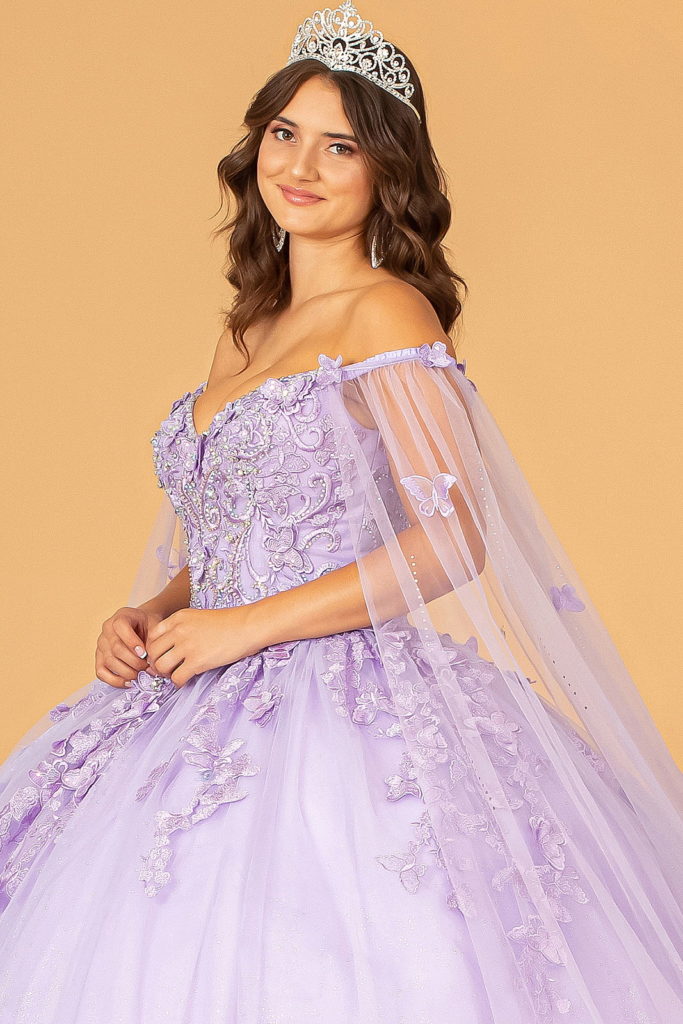 3-D Butterfly Applique Glitter Quinceanera Gown w/ Long Mesh Layer-9
