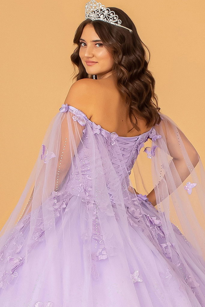 3-D Butterfly Applique Glitter Quinceanera Gown w/ Long Mesh Layer-10