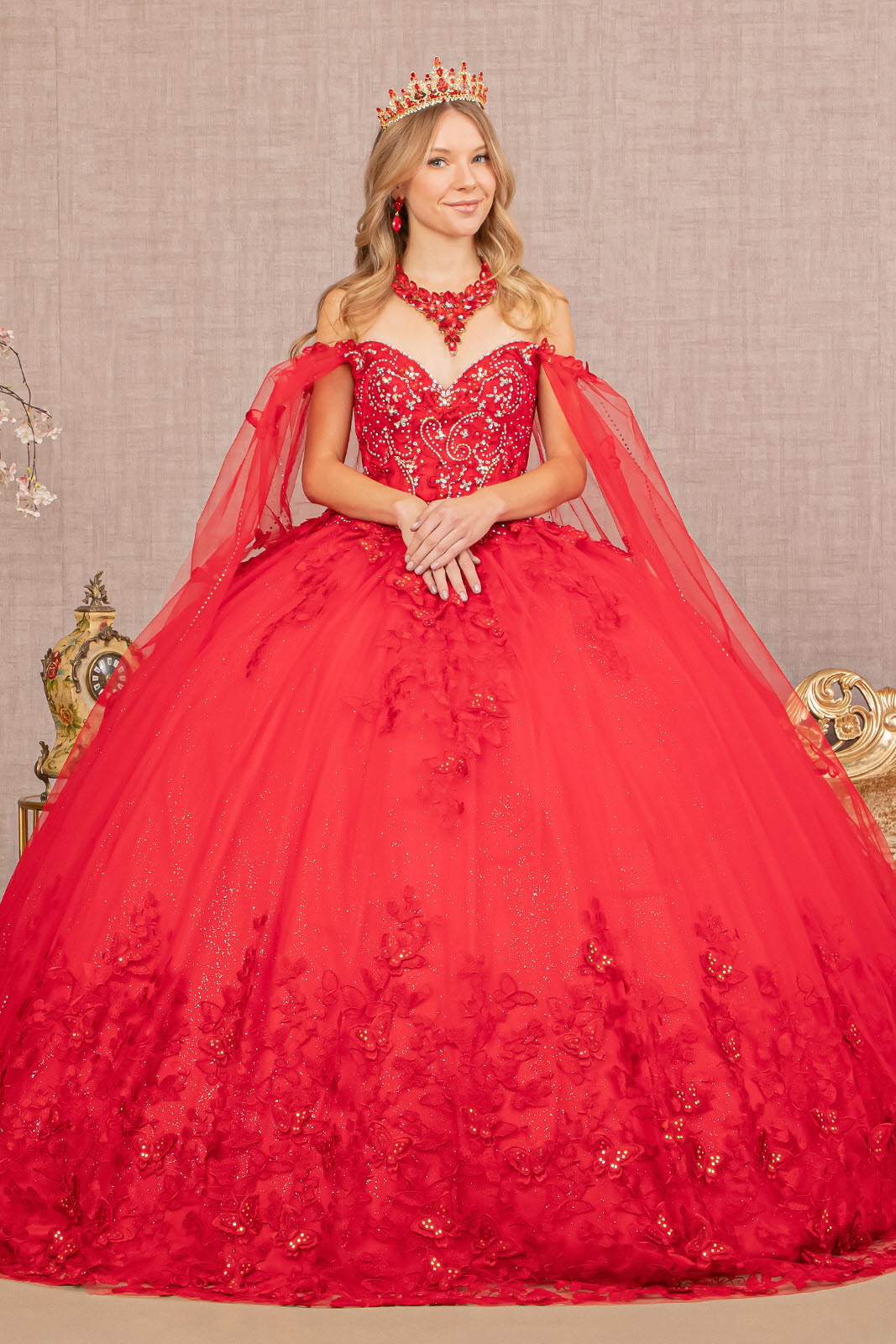 3-D Butterfly Applique Glitter Quinceanera Gown w/ Long Mesh Layer-11