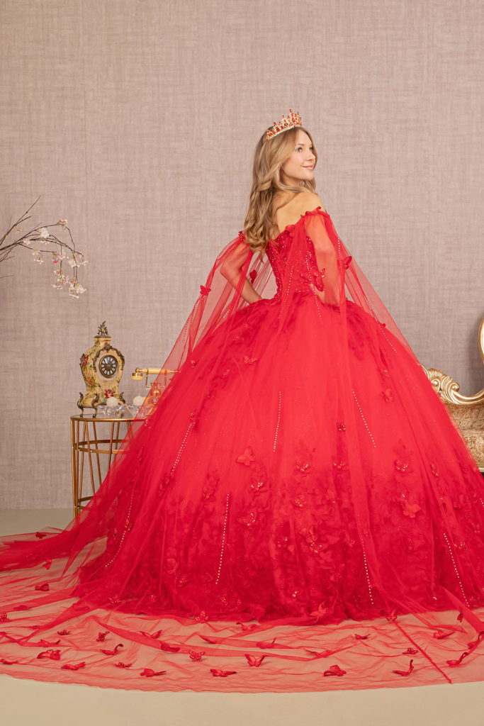 3-D Butterfly Applique Glitter Quinceanera Gown w/ Long Mesh Layer-12