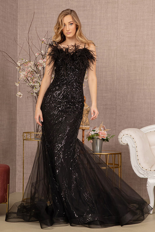 Sequin Sweetheart Mesh Trumpet w/ Feather Embellishment Long Prom Dress GLGL3117-0