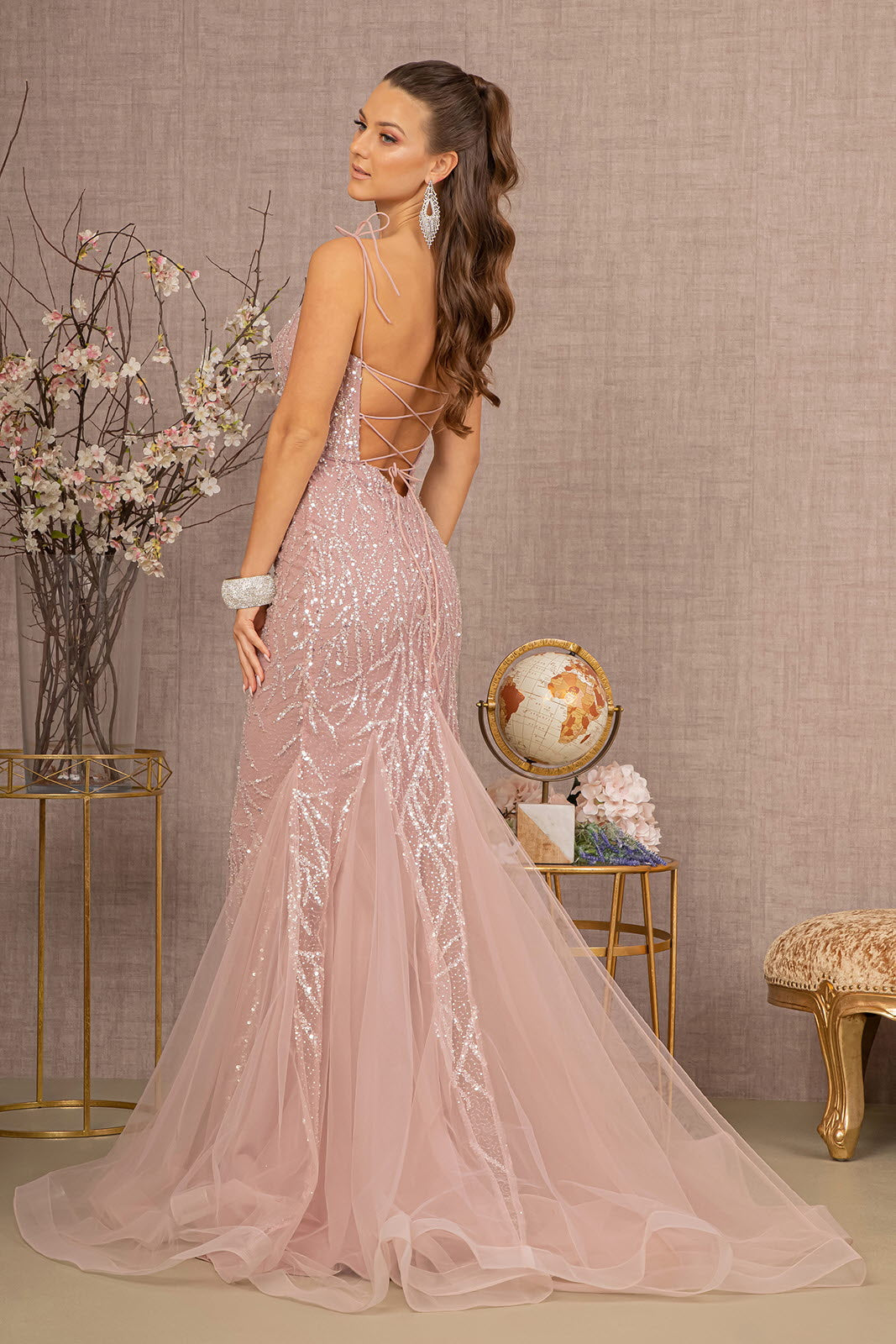 Sequin Bead Lace-up Back Trumpet w/ Mesh Tail Long Prom Dress GLGL3121-1