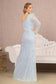 Feather Sequin Asymmetric Long Sleeve Mesh Mermaid Dress-2
