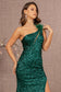 Sheer Bodice Sequin Mesh Mermaid Dress w/ Feather on Shoulder-6