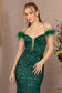 Sheer Bodice Sequin Glitter Trumpet Dress w/ Feather on Straps-7